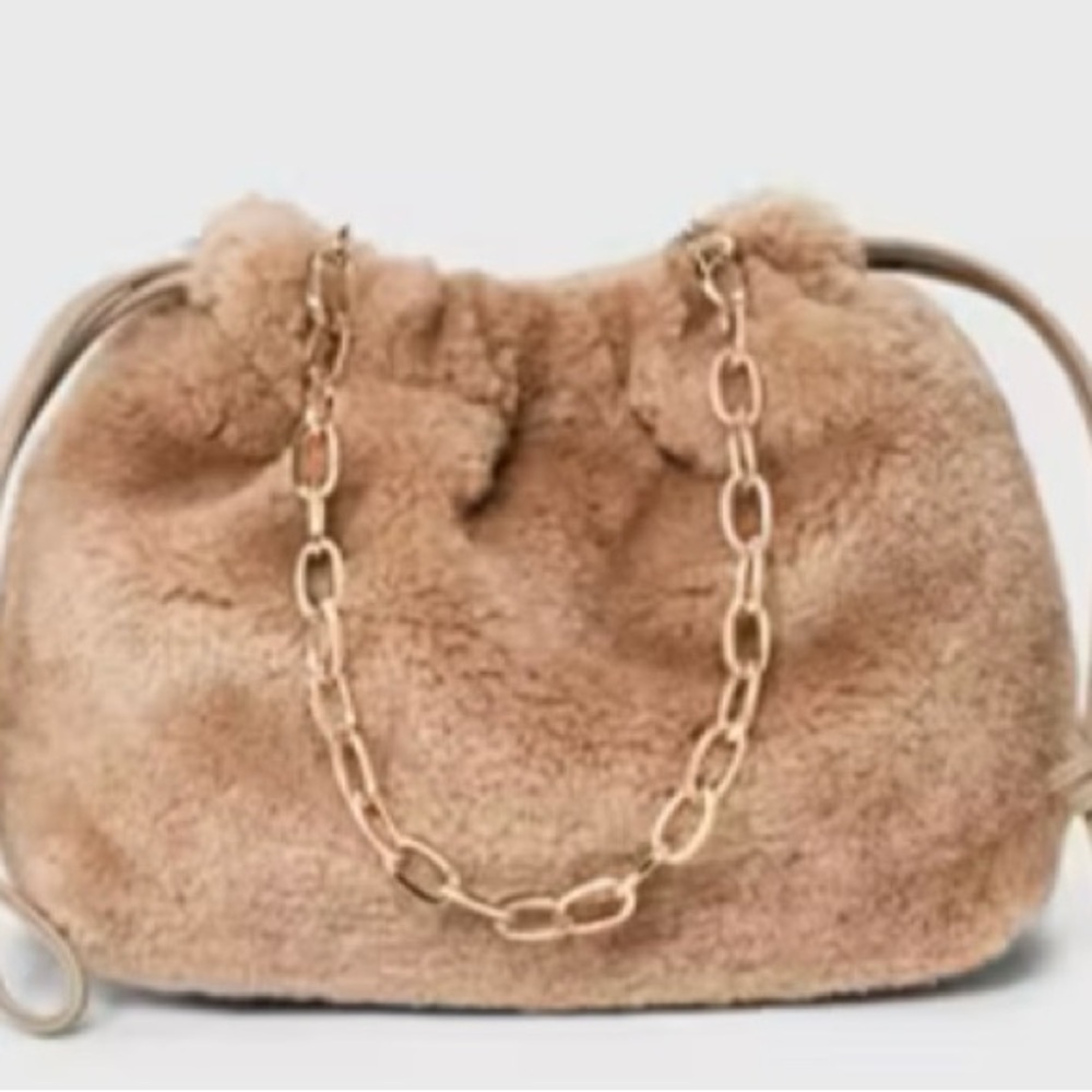 Faux Fur Chain Shoulder Bag - Tan
